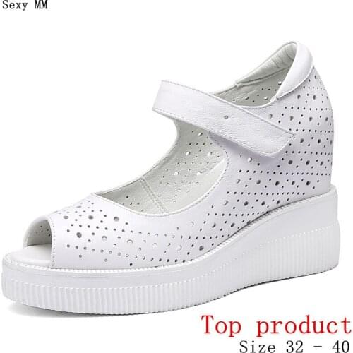 Loafers Platform Women Shoes Peep Toe Wedges High Heels Wedge High Heel Shoes Genuine Leather Small Plus Size 32 33 - 40