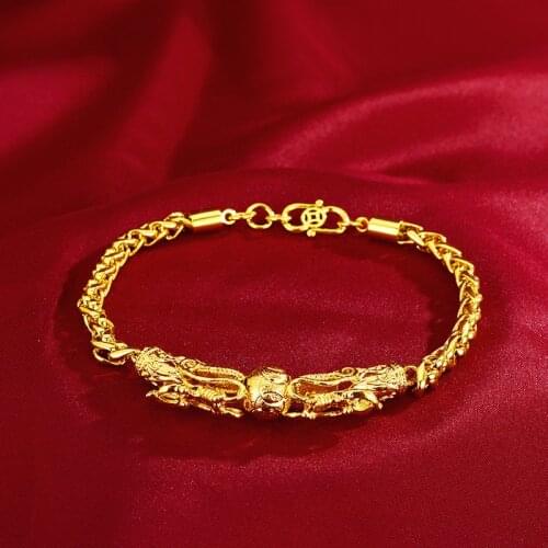 Non-Fading Fashion 14k Gold Bracelet for Women Wedding Jewelry Bead Chain Bracelet Delicate Double Chinese Dragon Ornament Gift