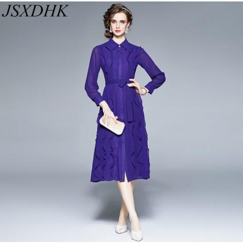 JSXDHK S-3XL Plus Size Autumn Women Chiffon Shirt Dress Elegant Women Single Breasted Ruffles Purple Lace Up Midi Dress Vestidos