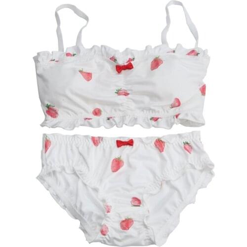 Sexy Women Pajamas Japanese Style Summer Strawberry Printed Pajamas Sets for Women Cute Ruffles Lace Underwear With Padding
