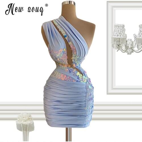 One Shoulder Prom Dress 2021 Sky Blue Pleated Knee Length Cocktail Dress Evening Gown Sexy Party Dresses for Women
