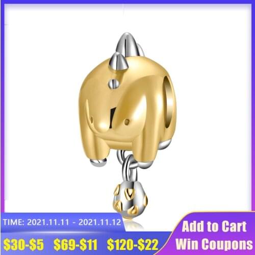 AGATA Authentic Silver 925 Beads Dinosaur Eggs Charms Pendant Gold Plate Stegosaurus Fit Original Pandora Bracelet Making