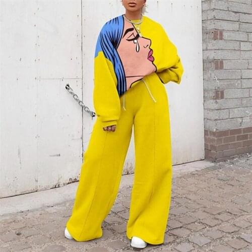 Casual Loose Fashion Sweatshirt Two Piece Set Women Pullover Tops And Wide Leg Pants Outfits 2021 Autumn New Tracksuit Women Set
