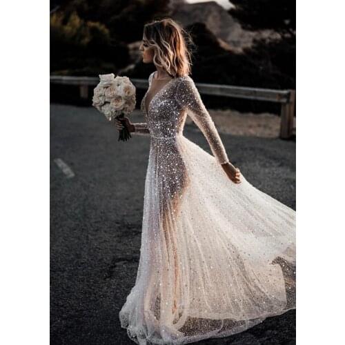 Luxury Long Beaded V-Neck Wedding Dresses A-Line Tulle Covered Back Robes De Mariée Bridal Gown For Women