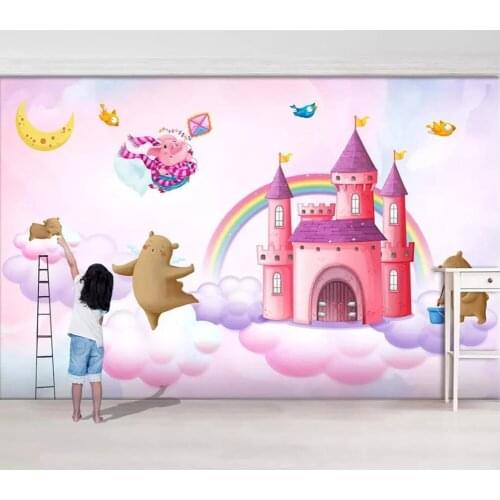 Custom Size Self Adhesive wallpapers 3D hand-painted watercolor castle bear pig bird children room bedroom living room murals