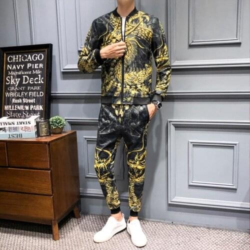 Designer Tracksuit Men Fancy Conjunto Deportivo Hombre Ensemble Homme Fashion Menswear (jacket+pant) 6xl Luxury Gold Dragon Fall