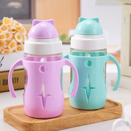 Baby Kids Water Cup With Straw Child Drinking Feeding Glass Cup Tumbler Leak Proof with Handle and Silicone Case 260ML