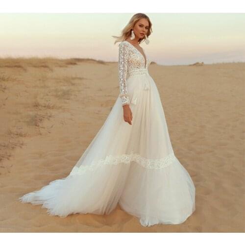 Hippie Beach Boho Elopement Photoshoot Wedding Dress V Neck Long Sleeves Lace Tulle A Line Seaside 2021 Bridal Gowns