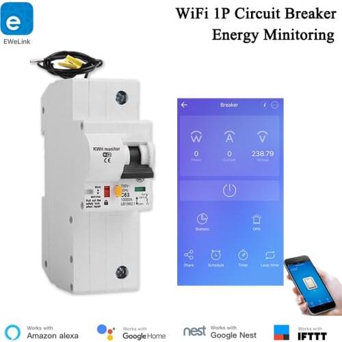 Alexa Compatible Smart Circuit Breaker with Power Monitoring Short Circuit Protection eWelink APP Control Timer Smart Home