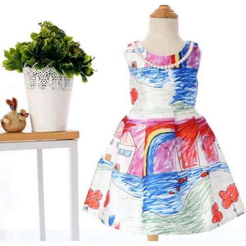 New 2016 baby girl clothes children clothing cartoon Hand Painted Graffiti party dresses girl kids dresses for girls