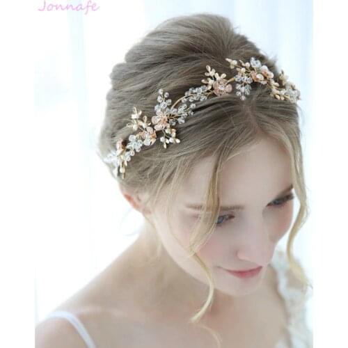 Jonnafe 2019 Delicate Gold Floral Leaf Headpiece Bridal Hair Crown Vine Crystal Wedding Headband Tiara Women Hair Jewelry