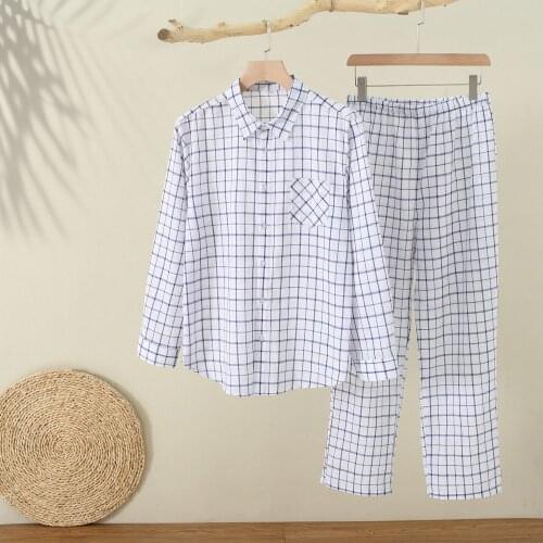 Spring Men Plaid Pajamas Cotton Long-sleeved Pijamas Lapel Mens Sleepwear Plus Size 2 Piece Set Elastic Waist Trousers Nightwear
