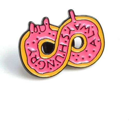 ALWAYS HUNGRY Pink Donut Enamel Lapel Pins Number 8 Infinity Symbol Brooches Dessert Doughnut Badges Trendy Jackets Bag Jewelry