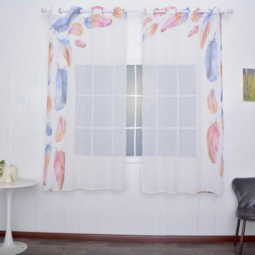 FMH Sheer Curtain Panels for Living room Bedroom French Window Faux Linen Drapery Tulle Printed Feather in Silver Grommets