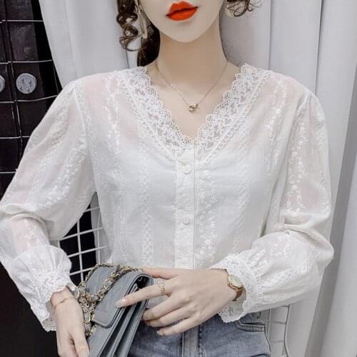 Autumn Long Sleeve Blouse Women V-Neck Lace White Blouse Shirt Tops Women Blusas Mujer De Moda 2021 Blouses Femme Shirts F137