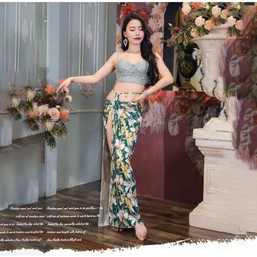 New Sexy Belly Dance Costume Practice Wear Print Mesh Skirt Belly Dance Set Wear Oriental Belly Dance Bra&Split Skirt Dress Suit