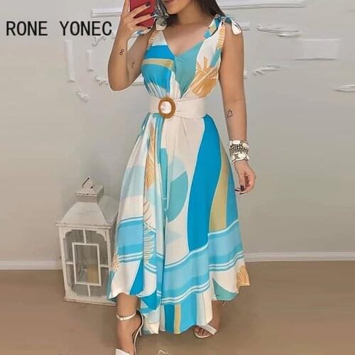Women Elegant Dress Tropical Print V Neck Tie Up Maxi Dress With Belt Casual Summer Dress