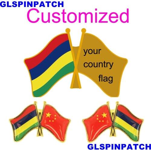 MAURITIUS Crossed Friendship Flag Double Country lapel pin Brooch USA UK France Chile Russia Saudi Arabia Japan Spain Badge