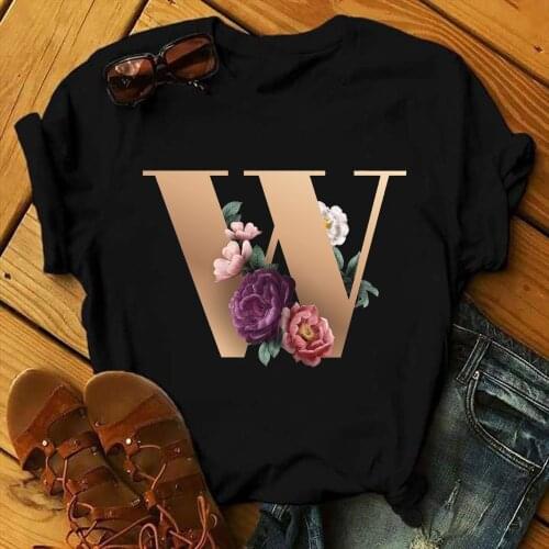 ZOGANKIN Fashion O-Neck Female Clothes 26 Letter Flower Women T-shirts Harajuku Kawaii Graphic Printed Black T Shirt Girls Tops