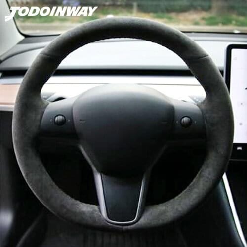 Sport Style Car Steering Wheel Cover for Tesla Model 3 Alcantara Leather Covers Durable Anti-slip Breathable Car Accessories