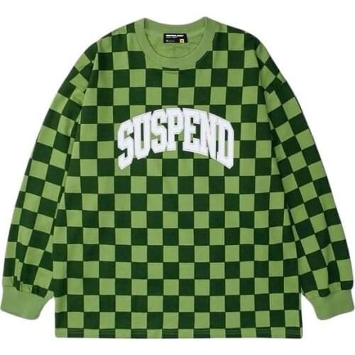 Autumn Oversized T Shirt for Men Plaid Long Sleeve Round Neck Japan Style Retro Letter Print High Street Harajuku Couple Clothes