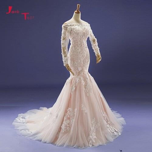 Jark Tozr Off The Shoulder Full Sleeve Pearls Crystal Lace Flowers Pink Mermaid Wedding Dress Vestido De Noiva Sereia