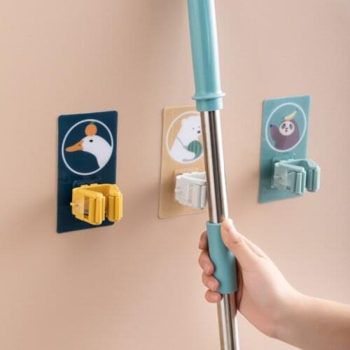 JSWORK Mop Holder Storage Rack Bathroom Organizer Hanging Shelves for Wall Space Saving Furniture Decor Plastic Punch-free