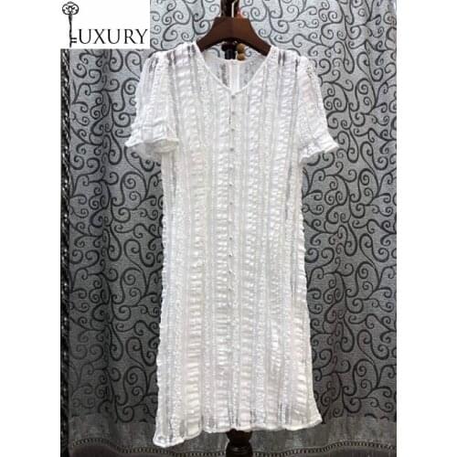 Quality Lace 2020 High Summer Style Party Women V-Neck Ruffle Flower Deco Tunic Buttons Up Short Sleeve Slim White Dress