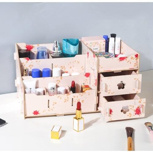 DIY Wooden Makeup Organizer for Cosmetic Large Capacity Cosmetic Storage Box Organizer Desktop Makeup Drawer Container