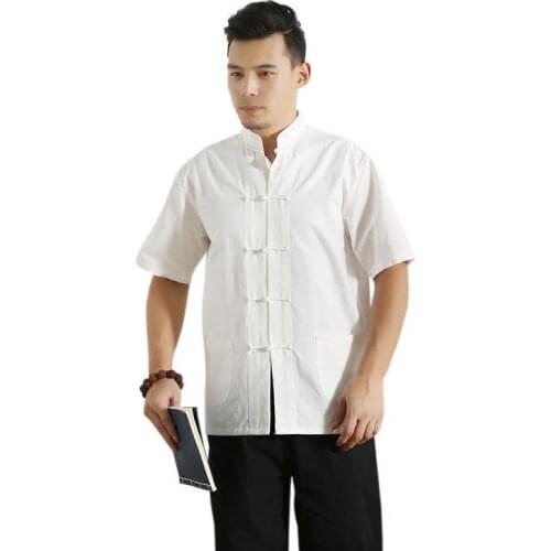 White Mens Spring Autumn 100% Cotton Solid Jacket Traditional Chinese Tang Suit Coat Long Sleeve Kung Fu Tai Chi Uniform A204
