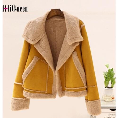 Fashion Autumn Winter Korean Coats Women Deerskin Warm Lamb Short Jackets Patchwork Thick Cotton Loose Crop Coat Pockets Outwear