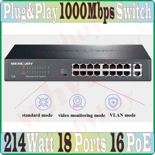 Max PoE 214W 18 ports Ethernet PoE Switch RJ45 Network Switch Plug&Play 18 ports 16 poe 214W 1000Mbps VLAN Switch IEEE802.3af/at