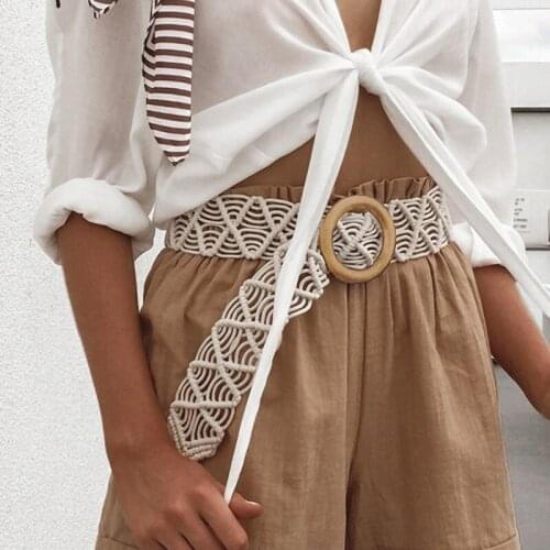 Fashion Wooden Button Belt Elastic Straw Belt Decoration Women waist Waistband