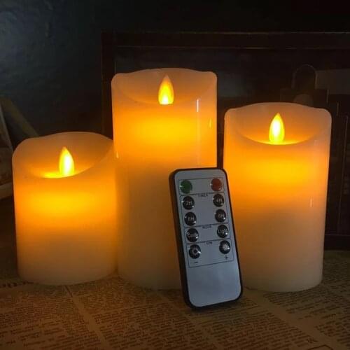 Set of 3 Flickering Flameless Pillar LED Candle Remote controlled timer Moving Dancing wick melted edge Wedding Xmas Party-Amber