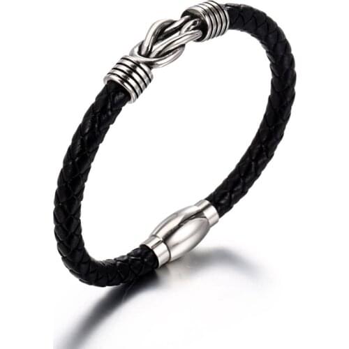 NANDESI Jewelry Mens Genuine Woven Rope Stainless Steel Leather Bracelet Hip Hop Males Bangle Fit Less 220mm Wrist