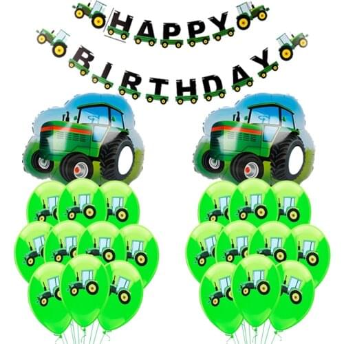 New 1Set Farm Theme Building Green Vehicle Truck Excavator Tractor Party Decoration Boys Birthday Balloon Happy Birthday Banner