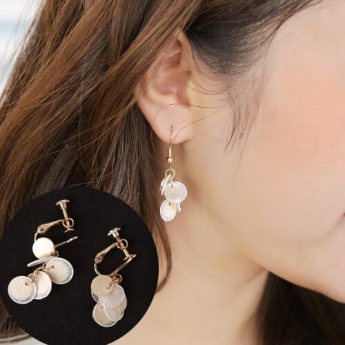 New Elegant Vintage Multilayers Geometric Round Shells Wafer Sequins Earrings Ear Clips For Women Wedding Jewelry Bijoux Brincos