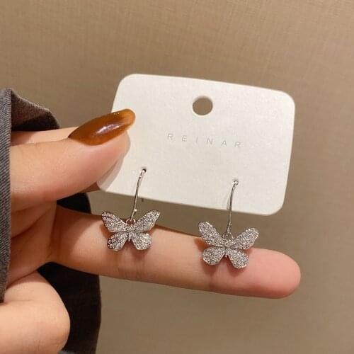 Origin Summer French Full Sparkly Rhinestones Butterfly Dangle Earring for Women Girls Silver Color Hanging Earrings Accessories