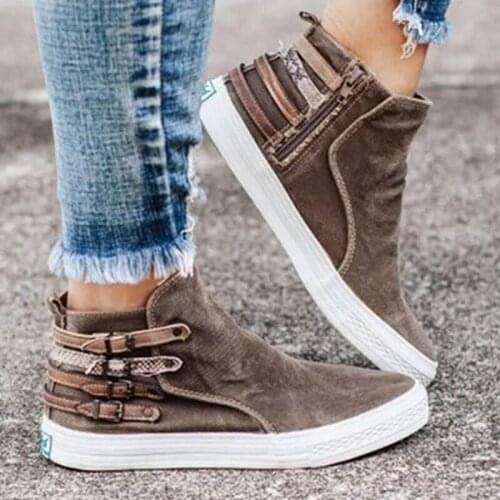 Autumn Women Casual Canvas Shoes Plus Size Sewing Flats Shoes Spring Ladies Buckle Patchwork Zipper Shoes