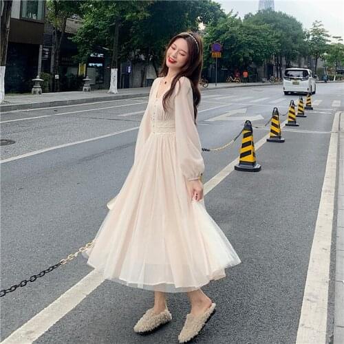 Mesh Dress Ladies Spring Fashion V-neck Solid Color Sleeves Ladies Elegant Slim Waist Waist Dress