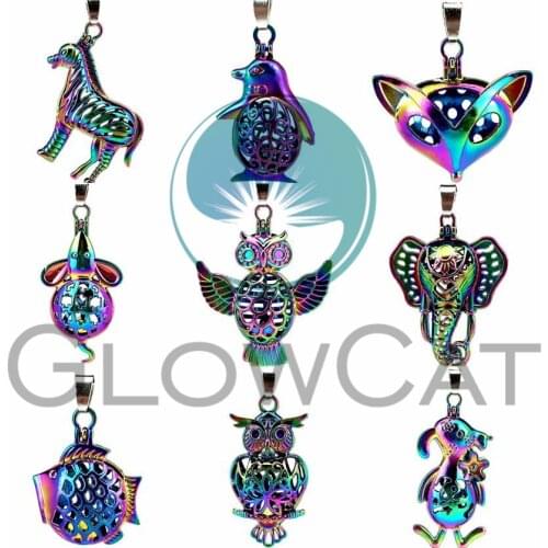 Rainbow Colors Beads Cage Perfume Diffuser Oyster Pearl Cage Fish Mouse Fox Elephant Penguin Owl Magnet Buckle Locket Pendant