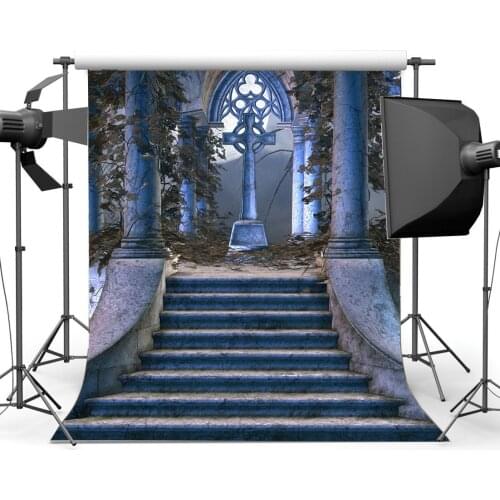 Fairytale Backdrop Ruined Stone Cross Backdrops Green Leaves Vine Pillars Weathered Steps Fantasy Photography Background