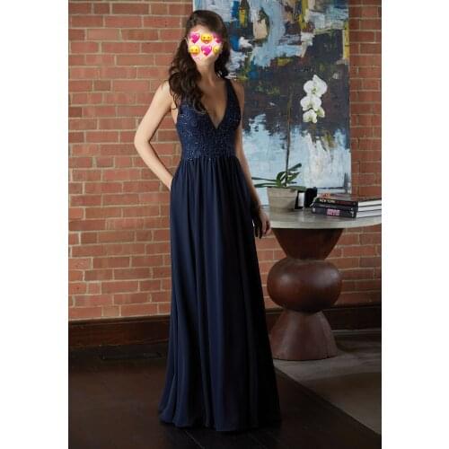 Navy Bule Bridesmaid Dresses 2020 Lace Beading Chiffon Prom Party Gowns Wedding Guest Maid Of Honor Dress Beach Style V Neck