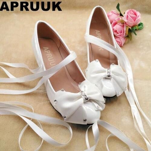 Fashion sweet middle heel white satin bowtie wedding shoes bride butterfly-knot long satin riband brides bridal pumps shoe