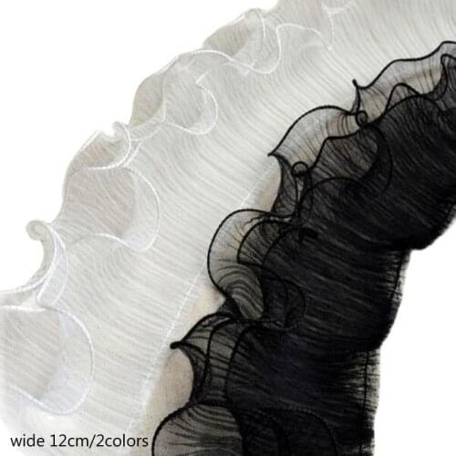 12CM Wide HOT Embroidery White black flower tulle lace fabric trim ribbon DIY sewing Ruffle applique collar dubai wedding decor