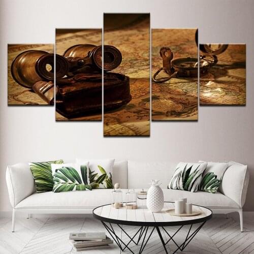 Vintage World Map Wall Art Home Decor Navigation Canvas Painting Antique Brass Sailing Compass Picture Adventure Ocean Map Poste