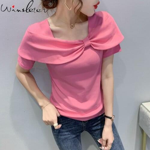 Summer Korean Clothes Cotton Solid T-Shirt Chic Square Collar Bowknot Women Tops Short Sleeve Tees Slim All Match New T15406A