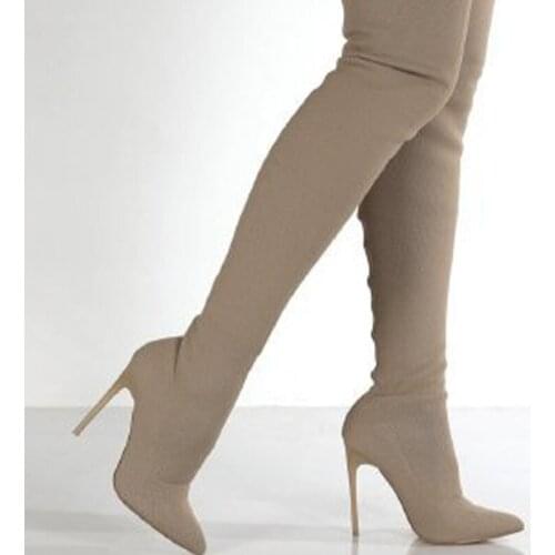 Womens Pointed Toe Boots Stretch Knit Over-the-knee Boots Retro Ladies Autumn Thin High-heeled Fashion Footwear Plus Size 2021