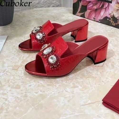 Chunky Heel Crystal Women Slippers Peep Toe Ladies Slides High Quality Genuine Leather High Heel Rhinestone Women Slippers Mujer