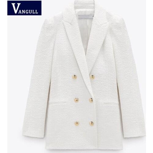 Vangull Autumn Fashion Women White Tweed Blazers Jacket Chic Button Office Suit Coat Lady Elegant Double Breasted Outwear Blazer
